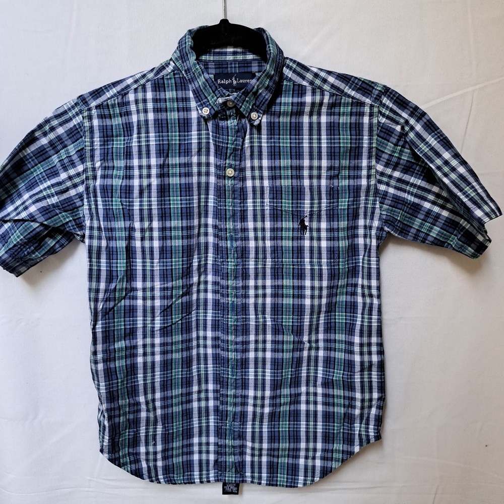 Ralph Lauren Boys Blue Green Plaid Short Sleeve Button‎ Down Shirt Size 7 Cotton